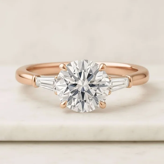 Round and Baguette Diamond Three Stone Ring in 14k Rose Gold