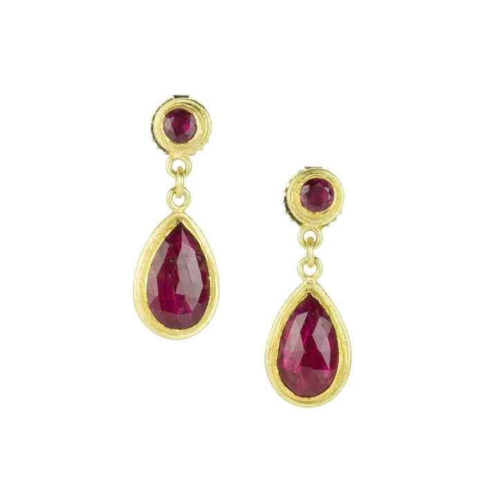Round and Teardrop Ruby Drop Earrings
