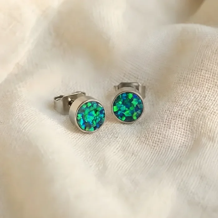 Round Black Emerald Opal Glowstone Earrings