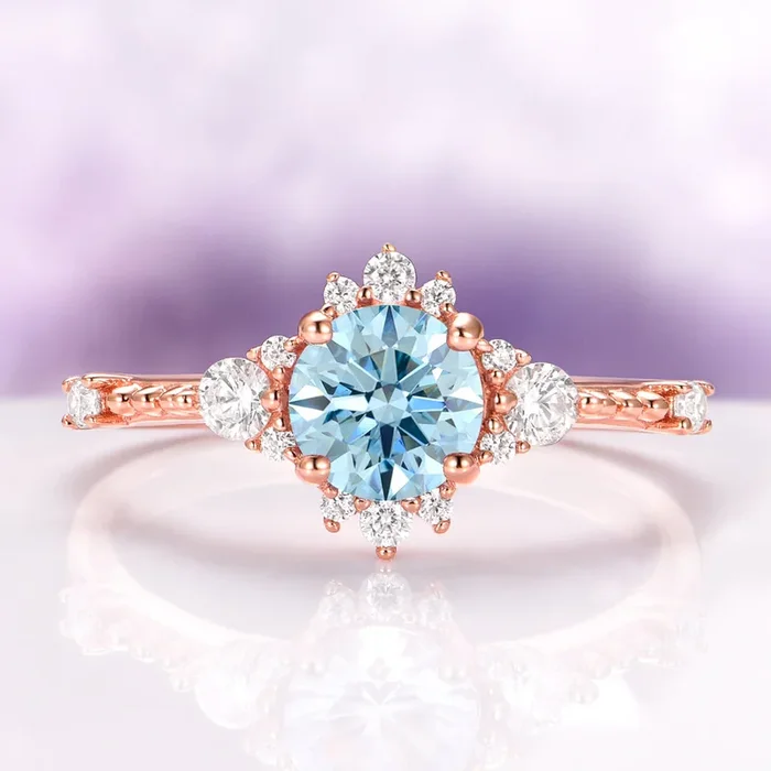 Round Cut Aquamarine Engagement Ring in 14K Rose Gold Vermeil