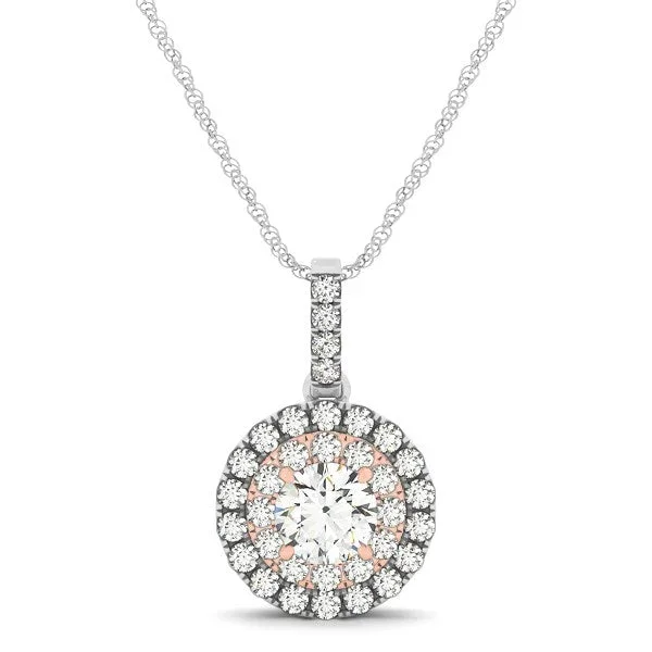 Round Shape Halo Diamond Pendant in 14k White and Rose Gold (1/2 cttw)