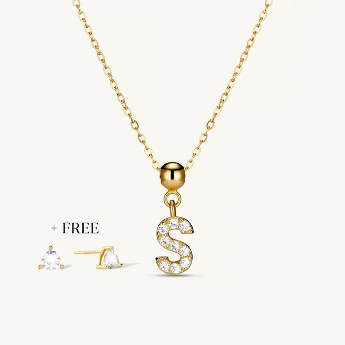 S Diamond Initial Charm Necklace + FREE Diamond Trio Studs Gold