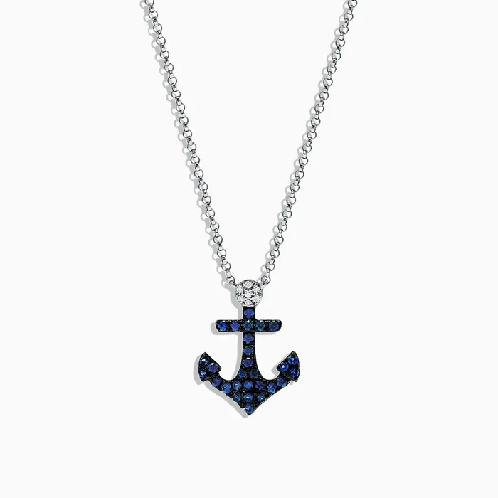 Seaside 14K White Gold Sapphire and Diamond Anchor Pendant, 0.29 TCW