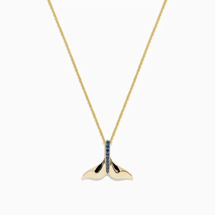 Seaside 14K Yellow Gold Blue Diamond Whale’s Tail Pendant, 0.05 TCW