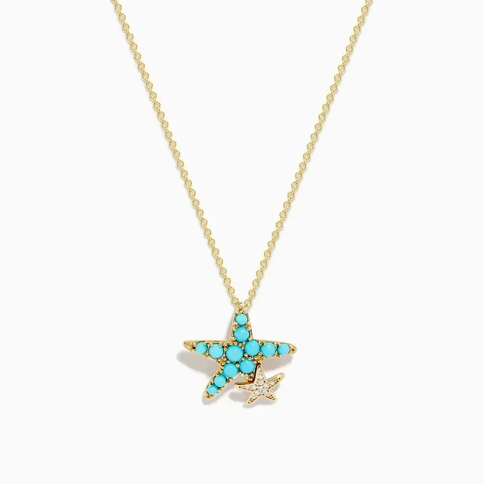 Seaside 14K Yellow Gold Turquoise and Diamond Starfish Pendant