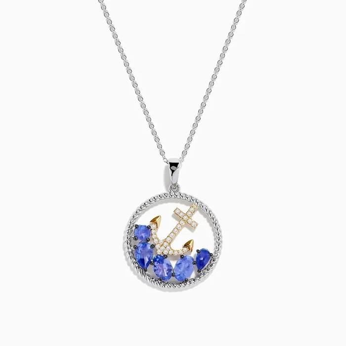 Seaside 925 Sterling Silver & 14K Gold Tanzanite & Diamond Anchor Pendant