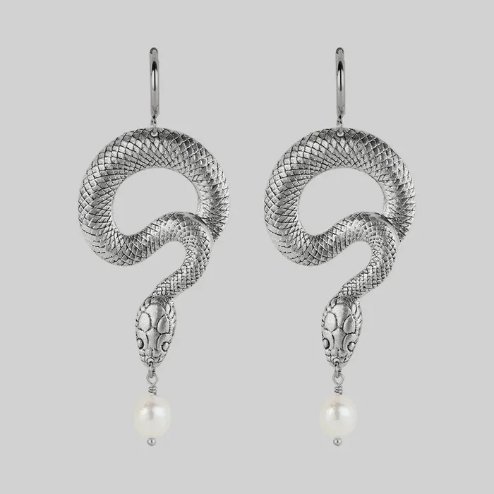 SERPENTINE. Sea Snake & Pearl Hoop Earrings – Silver