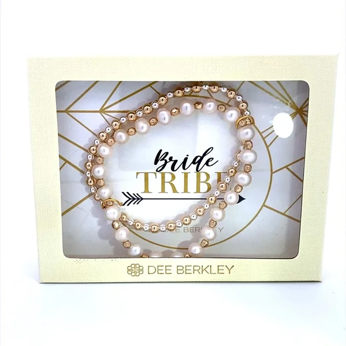 Set Of 2: Gold Filled Bead Bracelet With Pearl And Gold Filled Beads In “Bride Tribe” Cream Gift Box