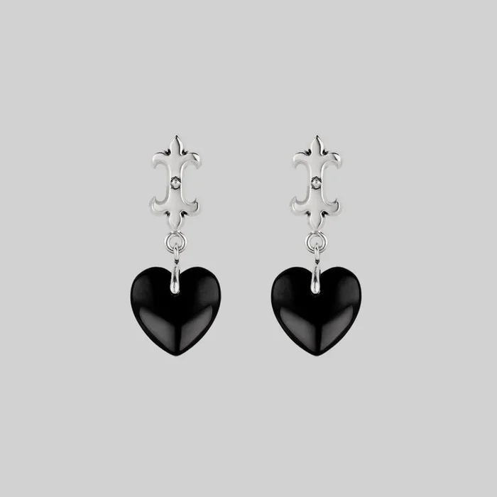 SHIELD. Medieval Black Glass Heart Drop Earrings – Silver