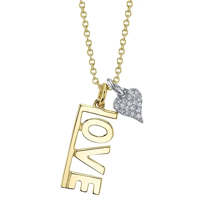 Shy Creation Two Tone L-O-V-E Pendant with Diamond Pave Heart Necklace