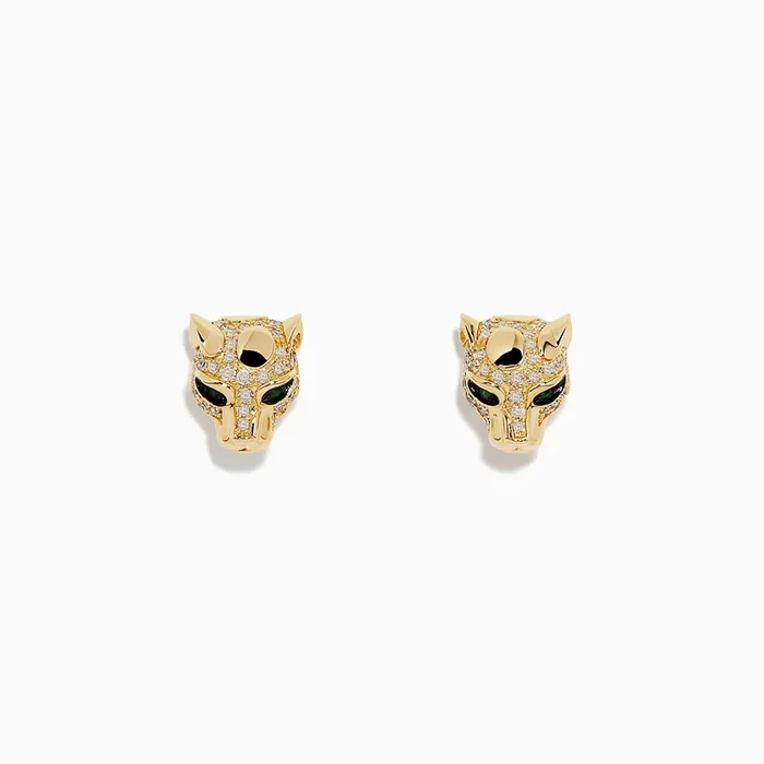 Signature 14K Gold Emerald and Diamond Panther Earrings, 0.35 TCW