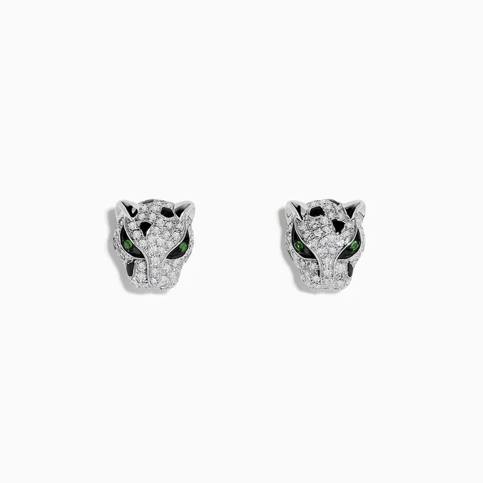 Signature 14K White Gold Tsavorite and Diamond Panther Stud Earrings
