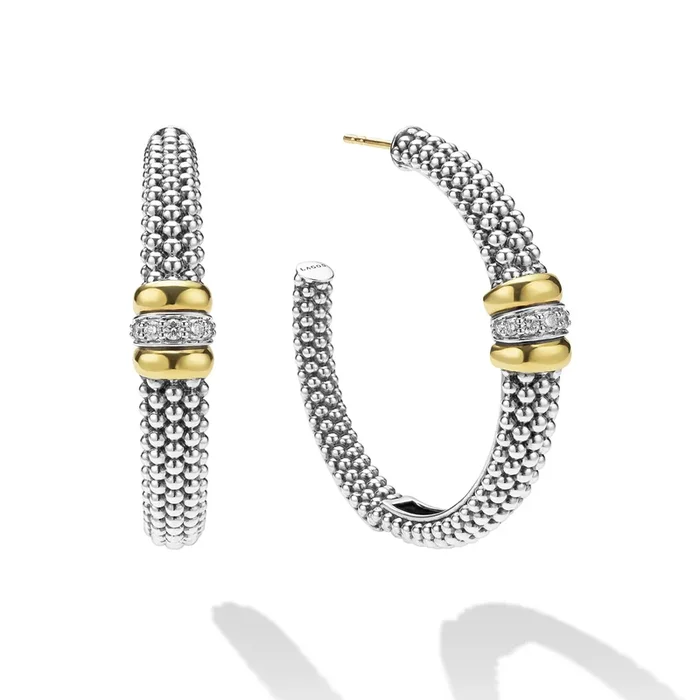 Signature Caviar Two-Tone Large Caviar Beaded Diamond Hoop Earrings