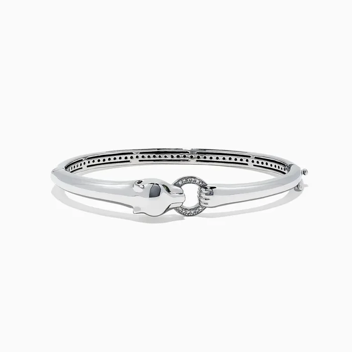 Signature Sterling Silver Diamond and Tsavorite Panther Bangle, 0.10TCW