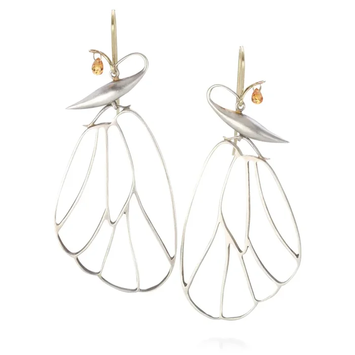 Silver Butterfly Cell Wing Earrings wtih Sapphires