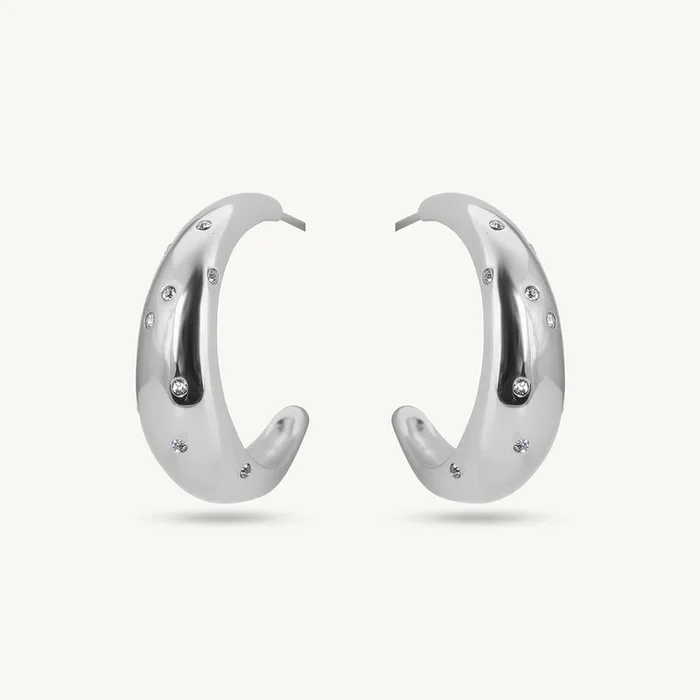 Silver Cashew Diamond Hoop Earrings