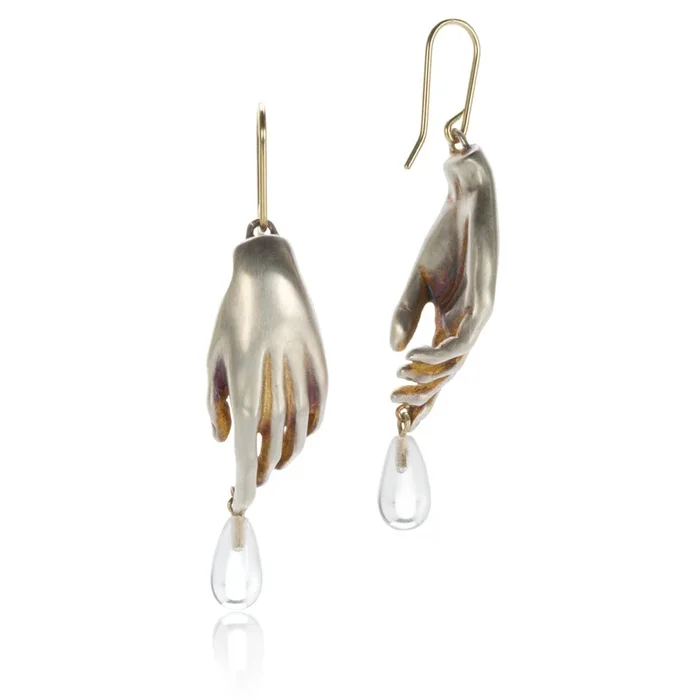 Silver Hand Earrings with Crystal Drop Earrings