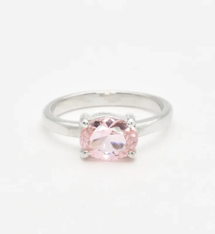 Silver Morganite Ring, Horizontal Oval Ring, Pink Engagement Ring