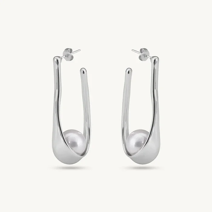 Silver Pearl Open Hoop Earrings