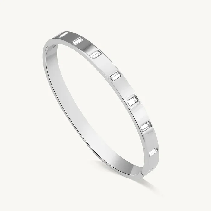 Silver Rectangle Diamond Bangle Bracelet