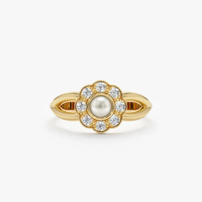 Single Pearl Diamond Flower Ring, Dahlia