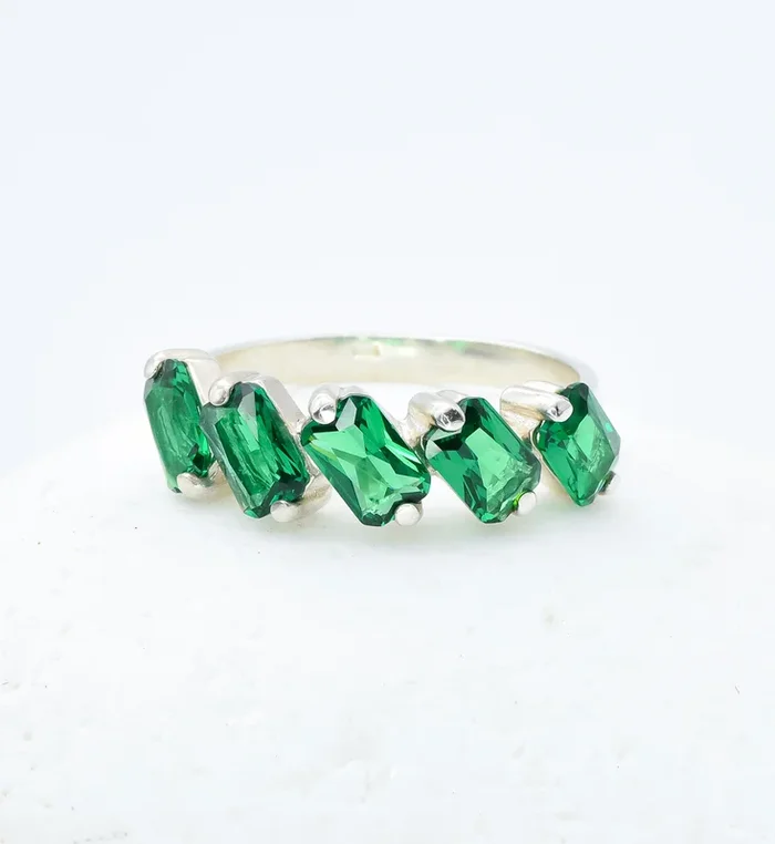 Slanted Baguette Emerald Ring, 5-Stone Emerald Silver Band, Green Baguette Emerald Ring