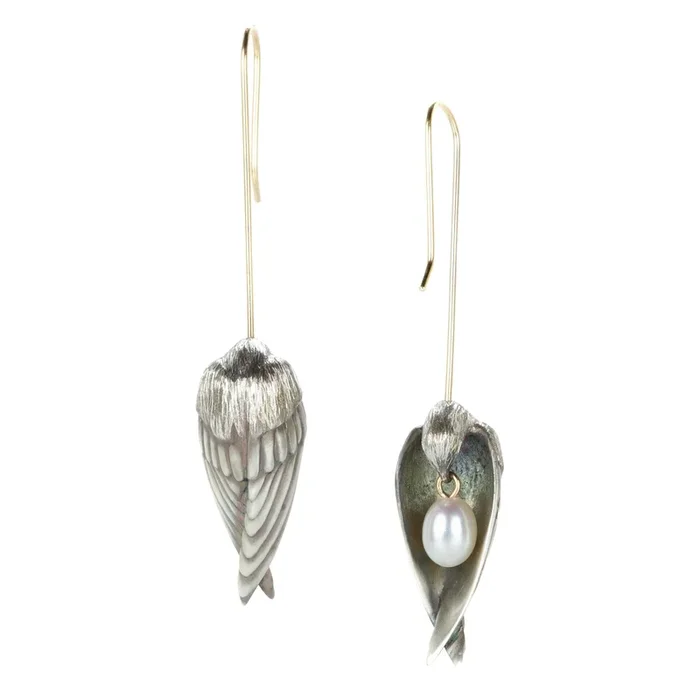 Sleeping Bird Drop Earrings with White Pearls