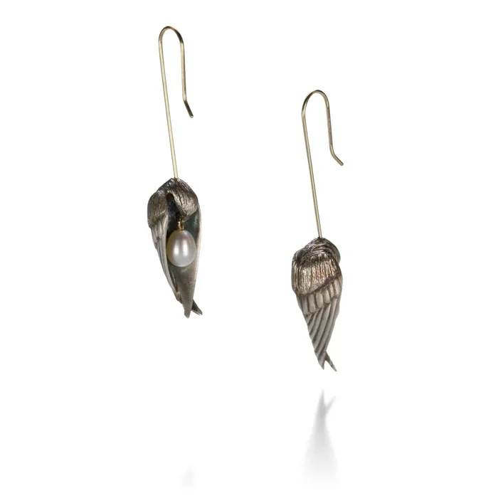 Sleeping Bird Earrings with White Pearl