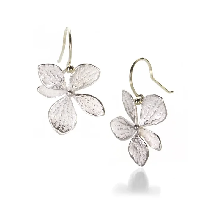 Small Bright Silver Single Hydrangea Drop Earrings