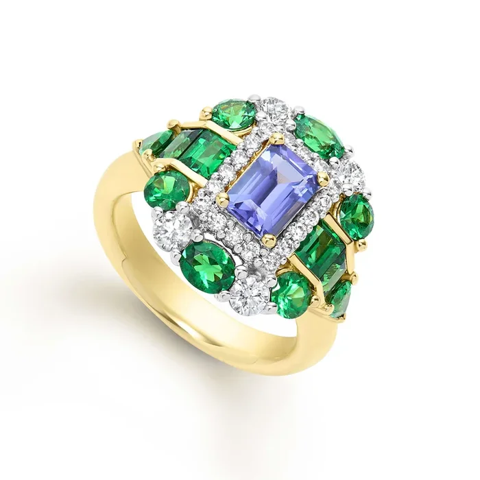 SML 18K Gold Tanzanite and Tsavorite Garnet Diamond Ring