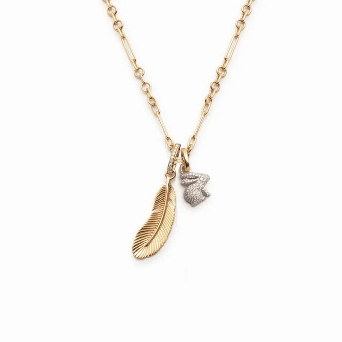 Snow Pavé Diamond Bunny and Feather Fine Mixed Clip Necklace : in Mixed Gold
