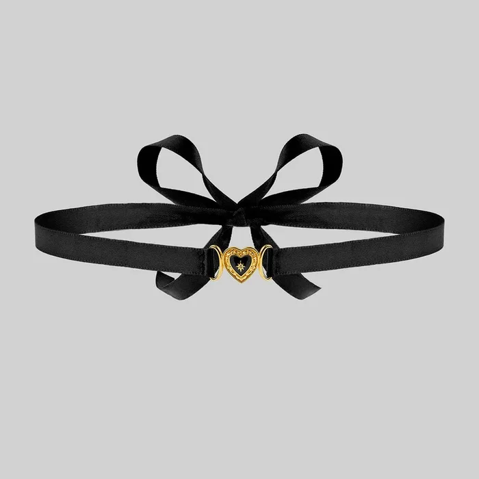 SOLEMN. Black Enamel Heart Satin Choker – Gold