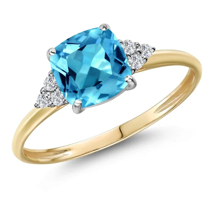 Solid 2-Tone 10K Yellow and White Gold 7MM Cushion Gemstone Birthstone & White Lab Grown Diamond Engagement Ring | Wedding Anniversary Promise Gold Ring For Women