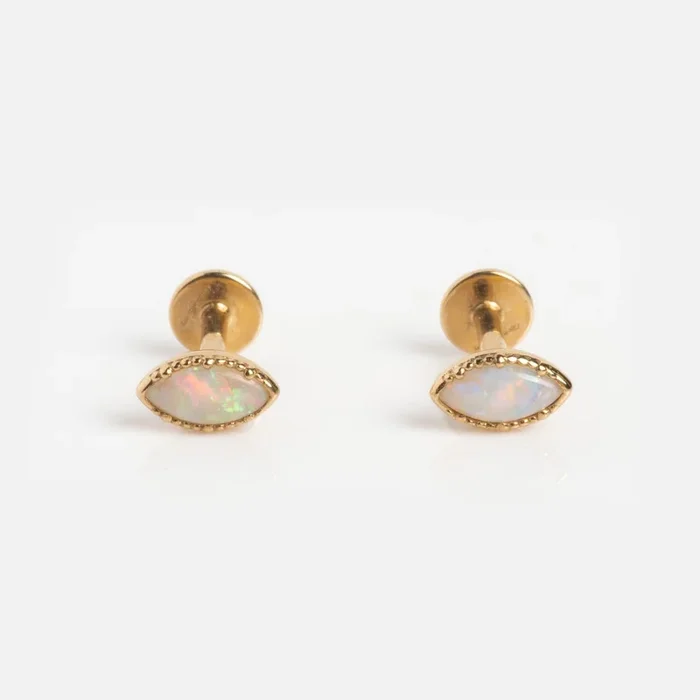 Solid Gold Opal Marquise Flat Back Studs