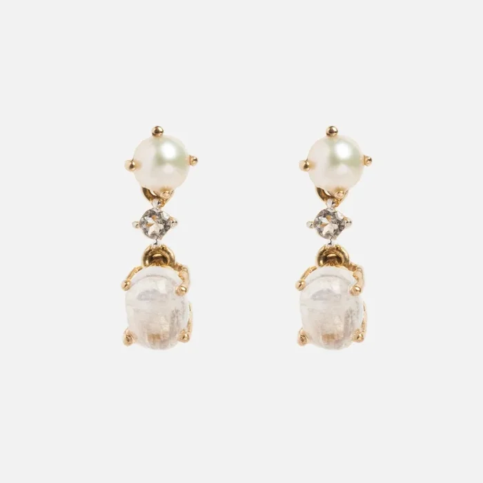 Solid Gold Soft Glow Pearl and Moonstone Drop Studs