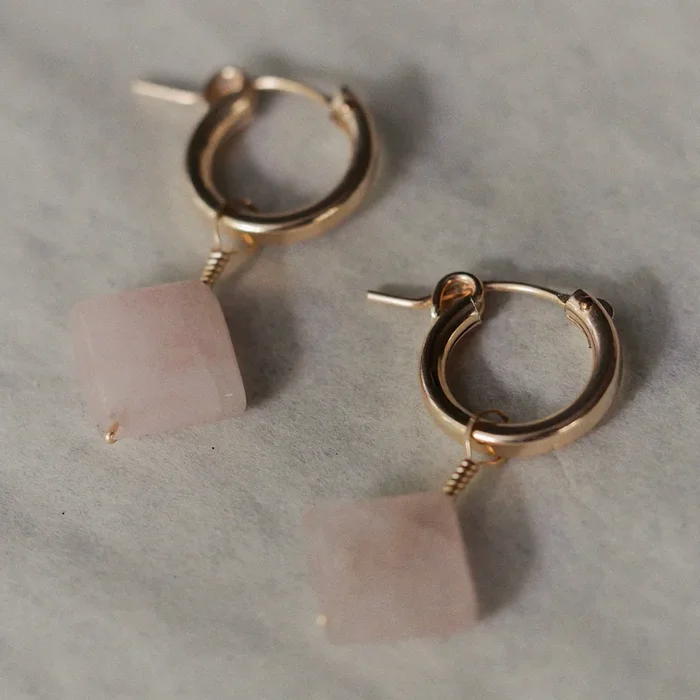 Square Cut Rose Quartz Huggie Earrings