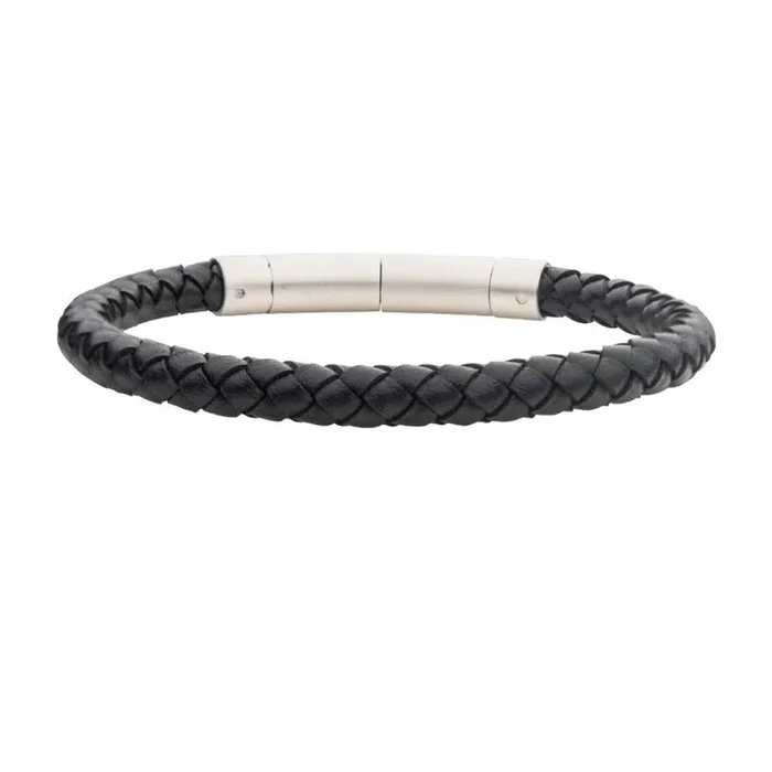 Stainless Steel Black Genuine Full Grain Cowhide Leather with Brushed Tubular Press Clasp Bracelet