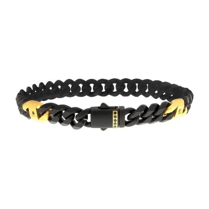 Stainless Steel Two-Tone Gold With Black Sapphires IP Steel Matte Finish Miami Cuban Chain Bracelet