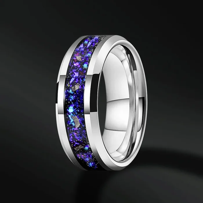 Stealth Warrior – Men’s Wedding Band | Muonionalusta Meteorite and Opal Inlay
