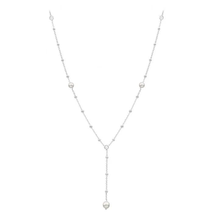 Sterling Silver Ball Link Simulated Pearl + Zirconia Y Chain