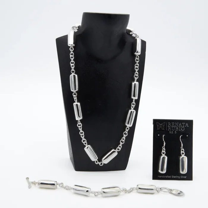 Sterling Silver Barrel Link Set of Necklace, Bracelet and Earrings