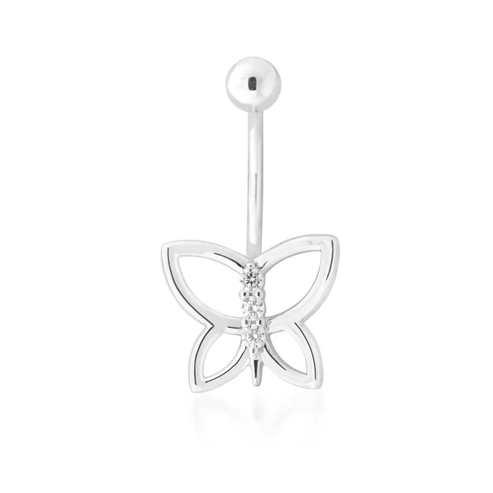 Sterling Silver Belly Bar Zirconia Butterfly