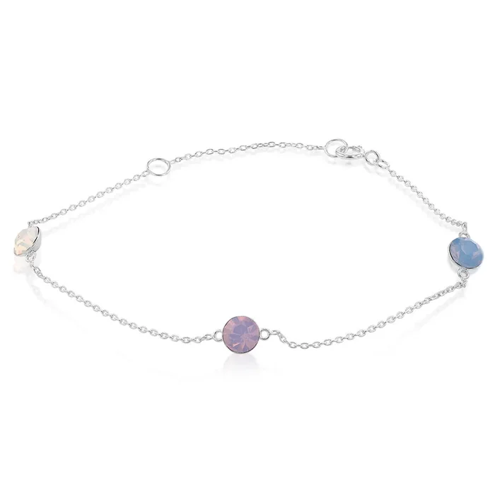 Sterling Silver Colour Stones Rose,White,Chrysolite Charm 19cm Bracelet