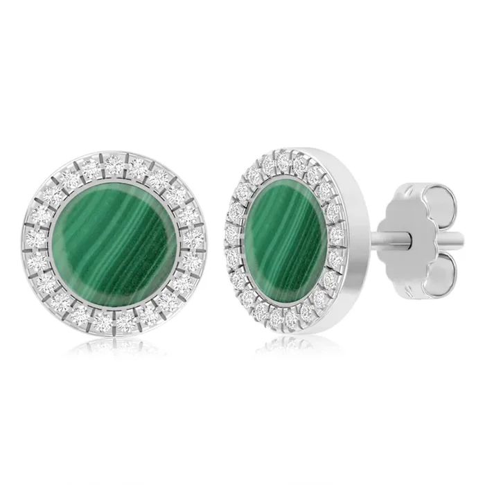 Sterling Silver Cubic Zirconia And Created Malachite Round Stud Earrings