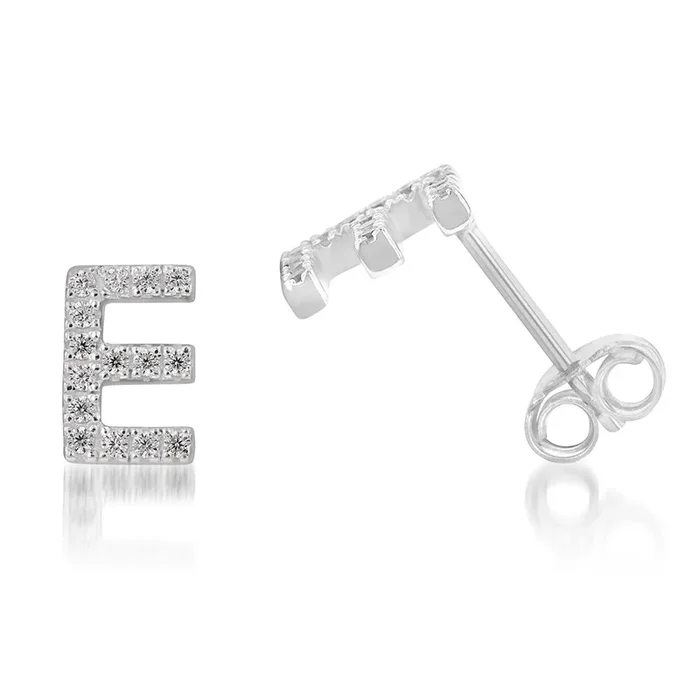 Sterling Silver Cubic Zirconia Initial “E” Stud Earrings