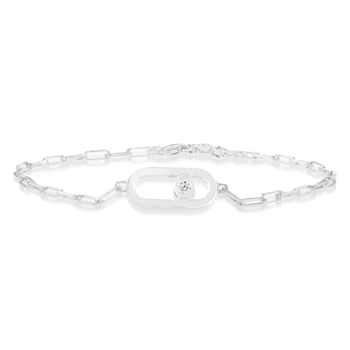 Sterling Silver Cubic Zirconia On Chunky Link 19cm Paperclip Bracelet
