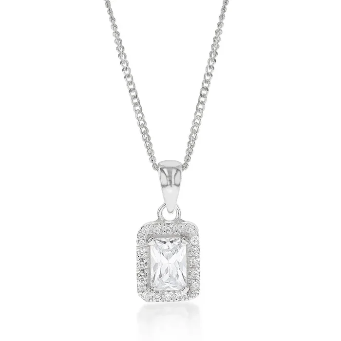 Sterling Silver Cubic Zirconia Square Halo Pendant