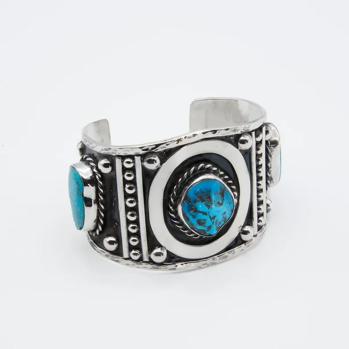 Sterling Silver Cuff with Sleek Frame and 3 Sleeping Beauty Turquoise Stones