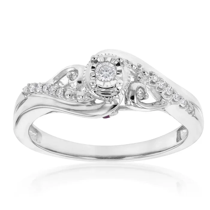 Sterling Silver Diamond Ring with 11 Diamonds and Pink Sapphire Accents