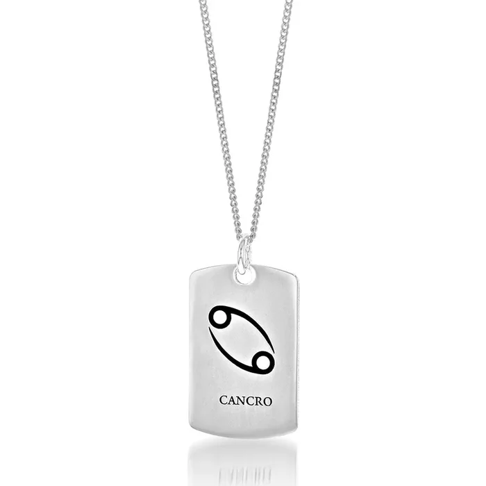Sterling Silver Dog Tag with Cancer Zodiac/Star Sign Pendant